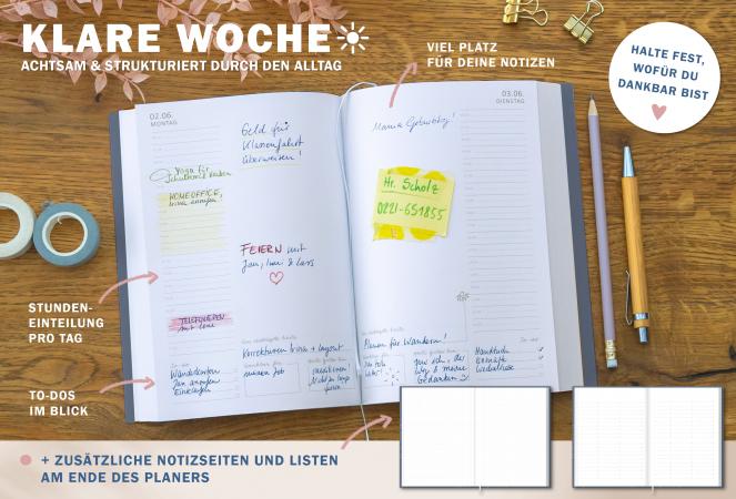 Detailansicht Tagesübersicht A5 Terminkalender 2025, blau weiß rosa